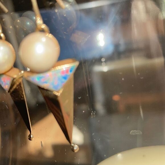 Vintage Gold Earrings Genuine 14K Gold Real Pearl Genuine Opal Artisan Earrings - Picture 11 of 16